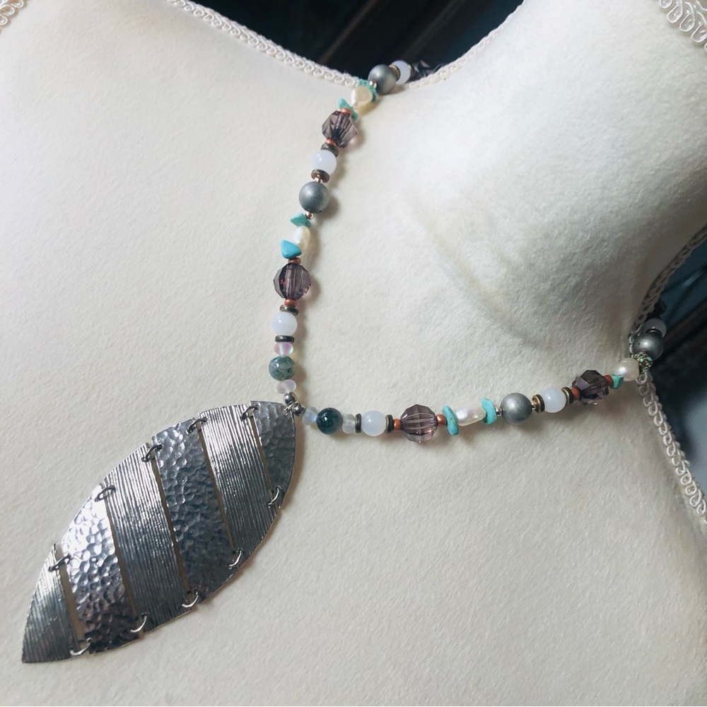 Handcrafted large articulated pendant genuine stone necklace